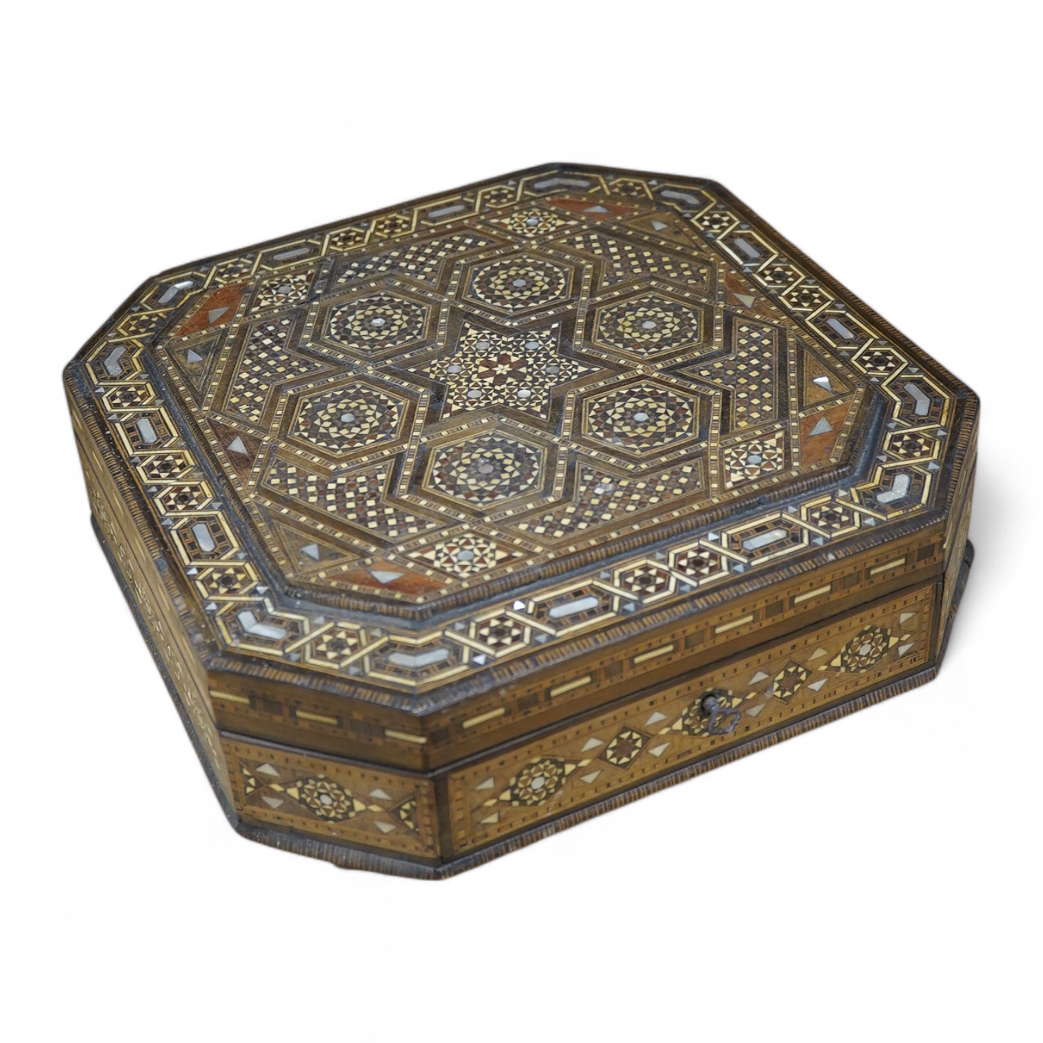 A 20th century Damascus ware heavily inlaid box, 31cm x 31cm. Condition - ball foot missing, inlay good